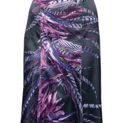 Pre Owned تنورة ماكسي جست كافالي ساتان بنفسجي مطبوع ريش مقاس كبير - لارج