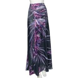 Pre Owned تنورة ماكسي جست كافالي ساتان بنفسجي مطبوع ريش مقاس كبير - لارج