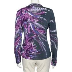 Pre Owned Just Cavalli Multicolor Floral Printed Jersey Ruffle Detail Neck Long Sleeve Top L