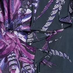 Pre Owned Just Cavalli Multicolor Floral Printed Jersey Ruffle Detail Neck Long Sleeve Top L