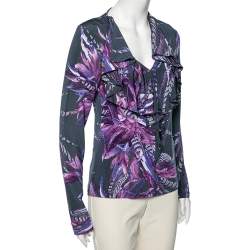 Pre Owned Just Cavalli Multicolor Floral Printed Jersey Ruffle Detail Neck Long Sleeve Top L