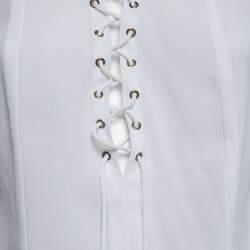 Pre Owned Just Cavalli White Crepe Lace-Up Detail Flute Sleeve Blouse M