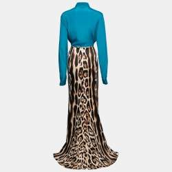 Pre Owned Just Cavalli Blue & Animal Printed Crepe Shirt & Maxi Skirt Set L