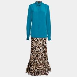 Pre Owned Just Cavalli Blue & Animal Printed Crepe Shirt & Maxi Skirt Set L