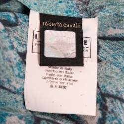 Pre Owned Just Cavalli Vintage Blue Printed Silk Button Front Short Sleeve Shirt M