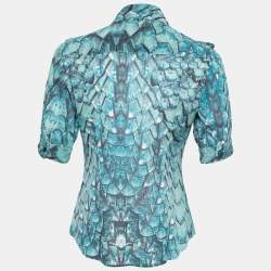Pre Owned Just Cavalli Vintage Blue Printed Silk Button Front Short Sleeve Shirt M