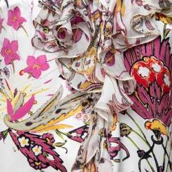Pre Owned Just Cavalli White Floral Print Silk Ruffled Neck Blouse S