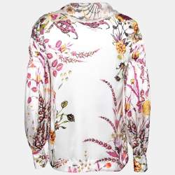 Pre Owned Just Cavalli White Floral Print Silk Ruffled Neck Blouse S