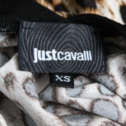 Pre Owned Just Cavalli Brown Leopard Printed Jersey Asymmetric Button Front Top XS