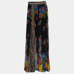 Pre Owned Just Cavalli Black Patchwork Print Chiffon Pleated Maxi Skirt S