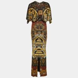 Pre Owned Just Cavalli Black Printed Jersey Flared Sleeve Maxi Dress L