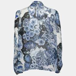 مملوكة مسبقًا Just Cavalli Blue Floral Printed Chiffon Tie-Neck Blouse L