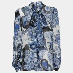 مملوكة مسبقًا Just Cavalli Blue Floral Printed Chiffon Tie-Neck Blouse L