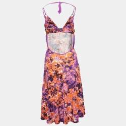 Pre Owned Just Cavalli Purple Floral Print Jersey Cut Out Detail Halter Neck Dress M