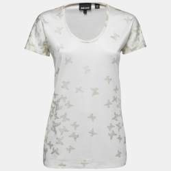 Just Cavalli Ivory Butterfly Foil Print Knit Scoop Neck Top L