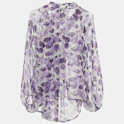 Pre Owned Just Cavalli White & Purple Printed Silk Off Shoulder Tunic M