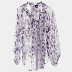 Pre Owned Just Cavalli White & Purple Printed Silk Off Shoulder Tunic M