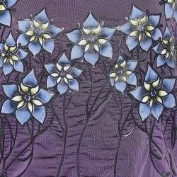 Pre Owned Just cavalli Purple Floral Embossed Jersey Ruffle Sleeve Top M