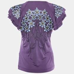 Pre Owned Just cavalli Purple Floral Embossed Jersey Ruffle Sleeve Top M