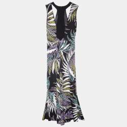 Just Cavalli Black Leaf Print Jersey Cut Out Detail Maxi Dress L
