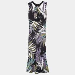Just Cavalli Black Leaf Print Jersey Cut Out Detail Maxi Dress L