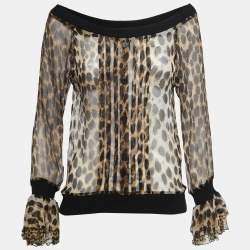 Just Cavalli Black/Brown Animal Printed Silk Off-Shoulder Top M