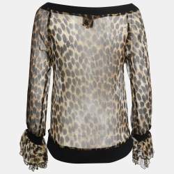 Just Cavalli Black/Brown Animal Printed Silk Off-Shoulder Top M