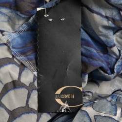 Pre Owned Just Cavalli Blue Printed Silk Strappy Open Back Ruffled Mini Dress M