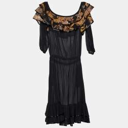 Pre Owned Just Cavalli Black Printed Silk Tiered Midi Dress M