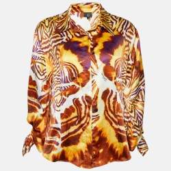 Pre Owned Just Cavalli Multicolor Printed Satin Cuff Tie Detail Shirt XL