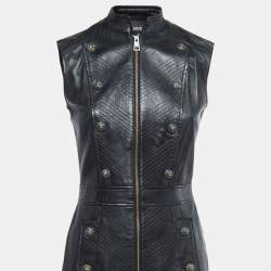 Pre Owned Just Cavalli Black Leather Button Detail Sleeveless Zip Front Short Dress S