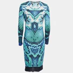 Pre Owned Just Cavalli Blue Snake Print Jersey Long Sleeve Midi Dress M