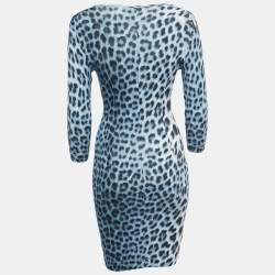 Pre Owned Just Cavalli Blue Leopard Print Knit Long Sleeve Mini Dress XS