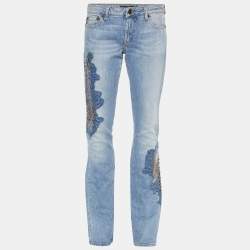 Pre Owned Just Cavalli Blue Denim Rockstud Detail Wide Leg Jeans M