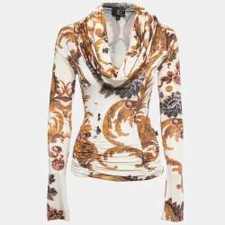 Just Cavalli Cream Printed Jersey Foldover Ruched Long Sleeve Top XS