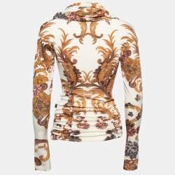 Just Cavalli Cream Printed Jersey Foldover Ruched Long Sleeve Top XS