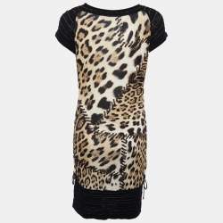 Roberto Cavalli Multicolor Animal printed Jersey & Wool Knit Ruched Mini Dress S