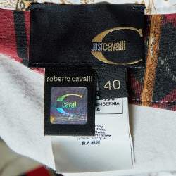 Pre Owned Just Cavalli Cream Printed Knit & Satin Trim Waist Tie Detail Midi Dress S