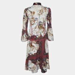 Pre Owned Just Cavalli Cream Printed Knit & Satin Trim Waist Tie Detail Midi Dress S