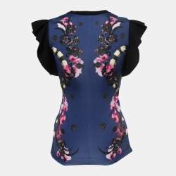 Pre Owned Just Cavalli Black/Blue Floral Printed Knit Top S