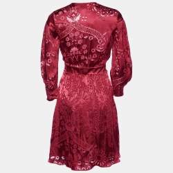 Pre Owned Just Cavalli Red Silk Devore Faux Wrap Mini Dress S