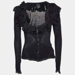 Just Cavalli Black Lurex Wool Knit Ruffled Cardigan M