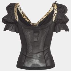 Pre Owned Just Cavalli Black Silk & Satin Ruffled Tie Neck Blouse S