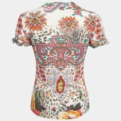 Pre Owned Just Cavalli Multicolor Print Knit Frilled Sleeve Detail T-Shirt S