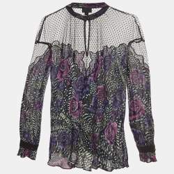 Pre Owned Just Cavalli Purple/Black Floral Print Crepe and Tulle Long Sleeves Top L