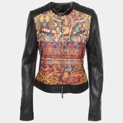 Pre Owned Just Cavalli Black Printed Leather Zipper Jacket M