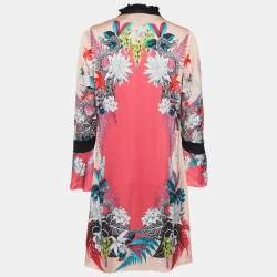Pre Owned Just Cavalli Pink Floral Print Satin Tie-Up Neck Mini Dress S
