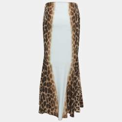 Pre Owned Just Cavalli Brown Leopard Print Crepe Asymmetric Midi Skirt S