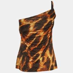 Pre Owned Just Cavalli Brown/Orange Print Jersey One Shoulder Top M