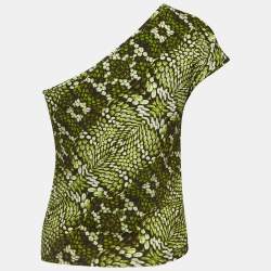 Just Cavalli Green Print Stretch Cotton One Shoulder Top M